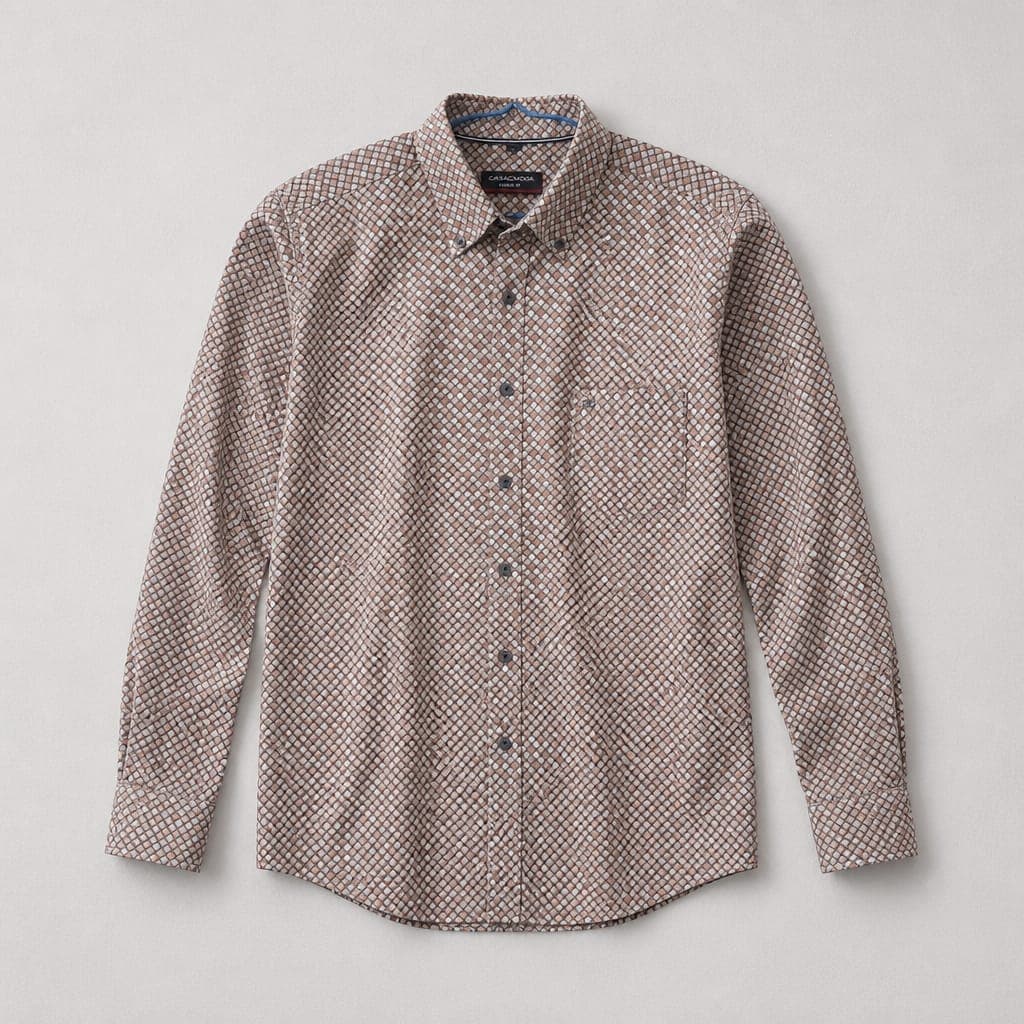 Casa Moda Men’s Geometric Print Long Sleeve Shirt – Beige/Navy/Muted Orange