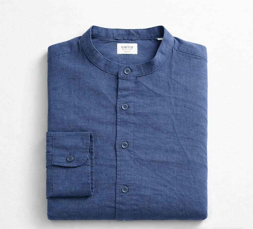 Celio Men’s Band Collar Linen Long Sleeve Shirt – Blue