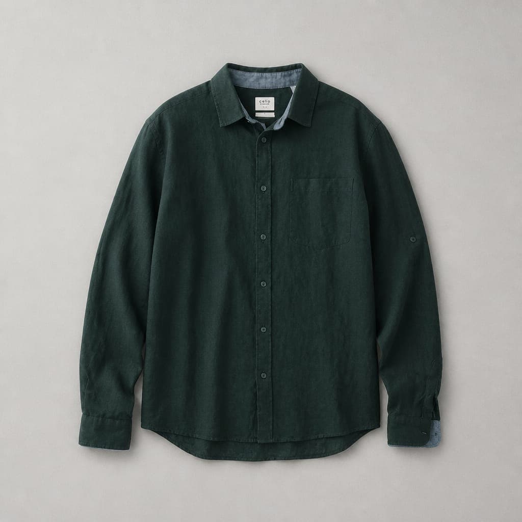 Celio Men’s Linen Contrast Long Sleeve / Roll-Up Sleeve Tab Shirt – Dark Green