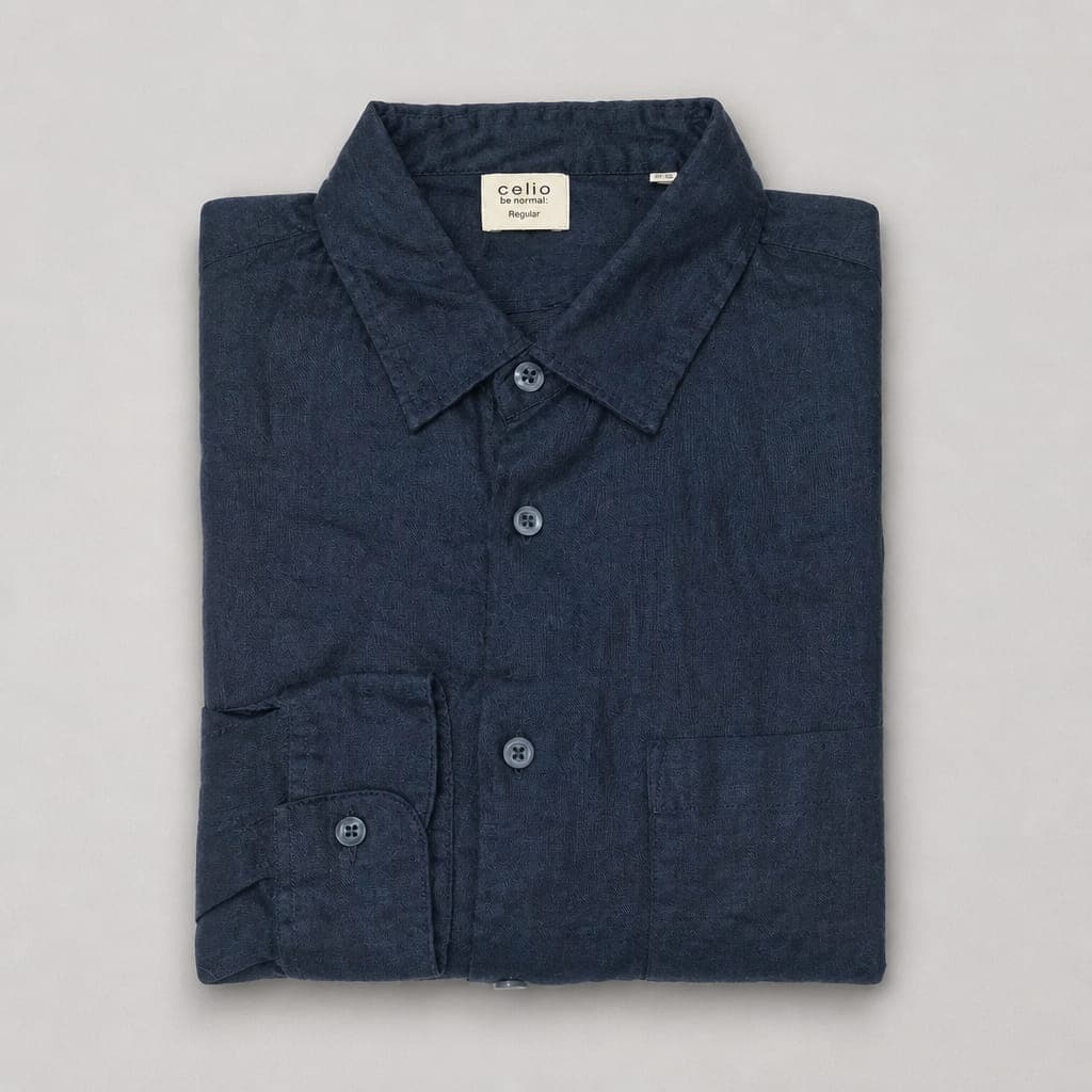 Celio Men’s Linen Long Sleeve Shirt – Dark Indigo Blue
