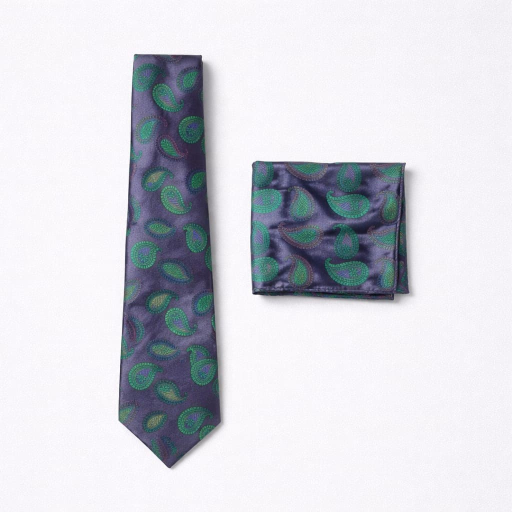 Elegant Purple Paisley Tie & Pocket Square Set With Green Detailing For Men