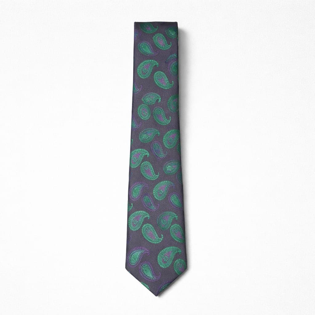 Elegant Purple Paisley Tie & Pocket Square Set With Green Detailing For Men