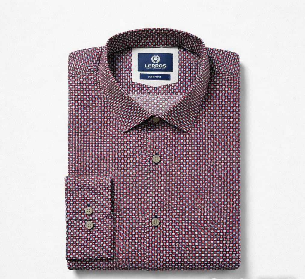 Lerros Men's Micro Geometric Print Multi-Color Long Sleeve Dress Shirt – Red/Navy/White