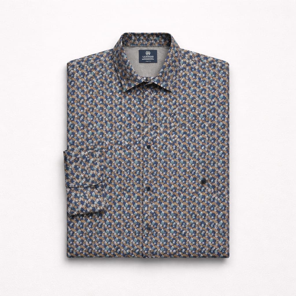 Lerros Men’s Multi-color Abstract Print Long Sleeve Dress Shirt – Navy Blue/Brown/Teal/White
