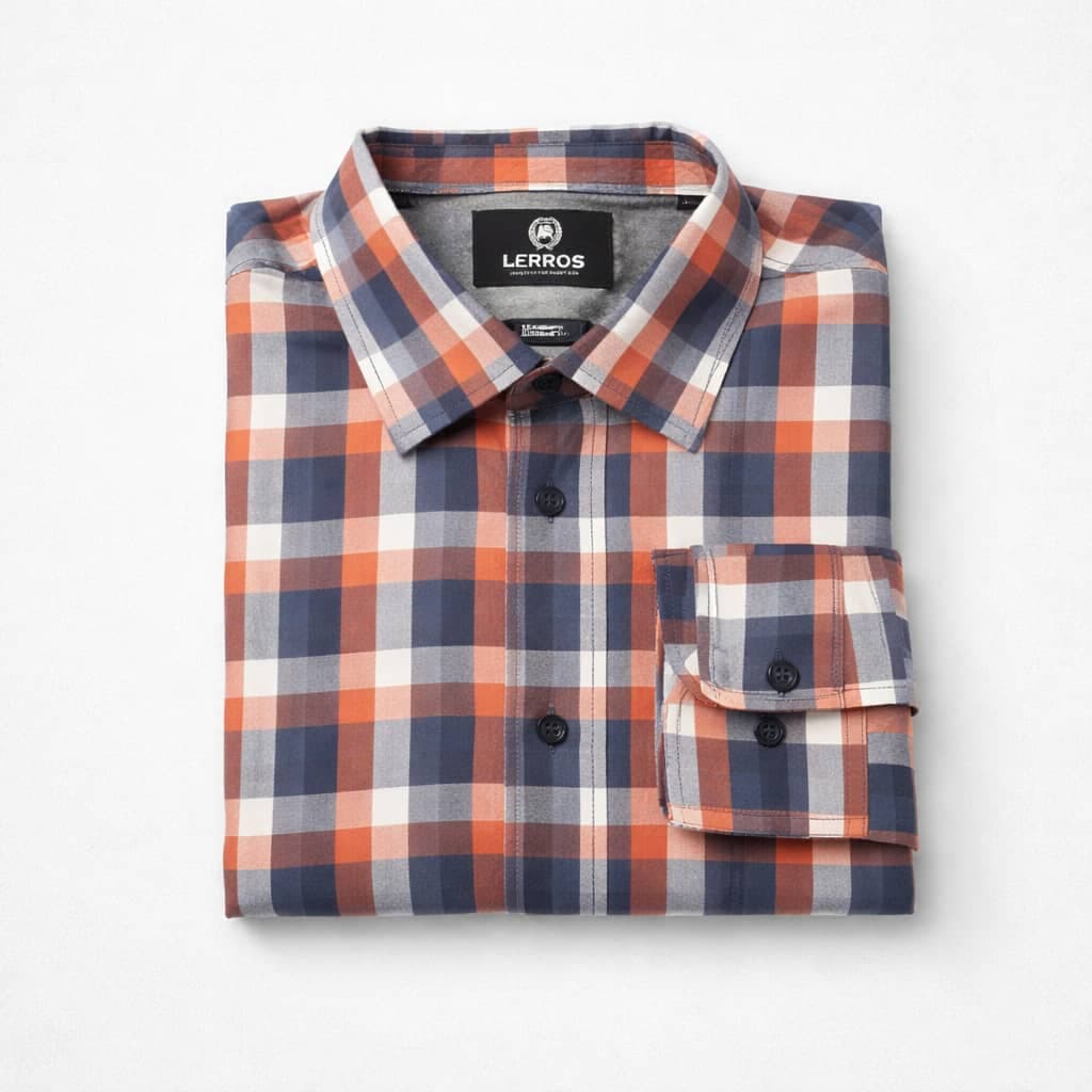 Lerros Men's Plaid Long Sleeve Shirt – Orange/Navy Blue/White
