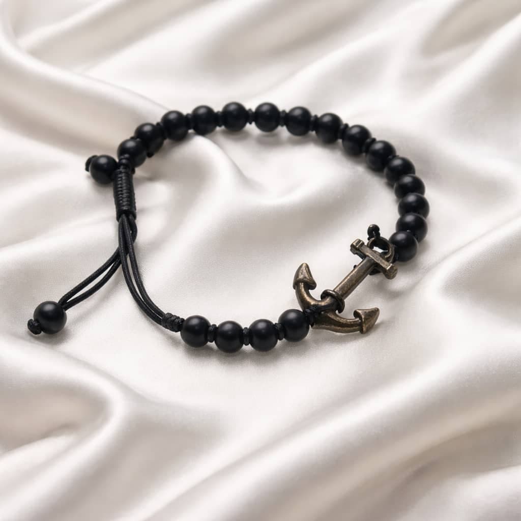 Men’s Anchor Beaded Bracelet – Adjustable Cord Style