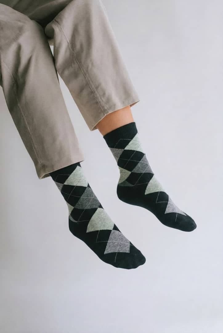 Men’s Argyle Crew Socks – Charcoal Grey/ Blue/White