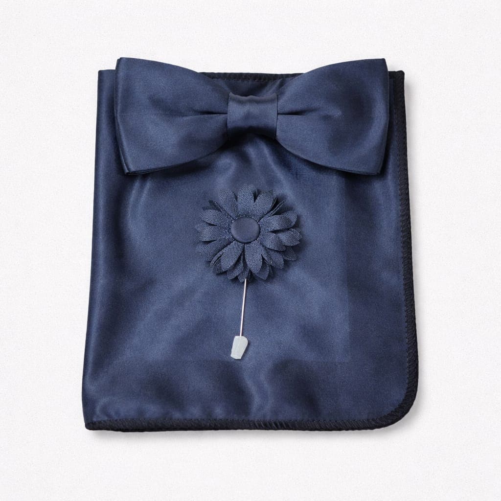 Men’s Bow Tie, Pocket Square & Lapel Flower Set – Navy Blue