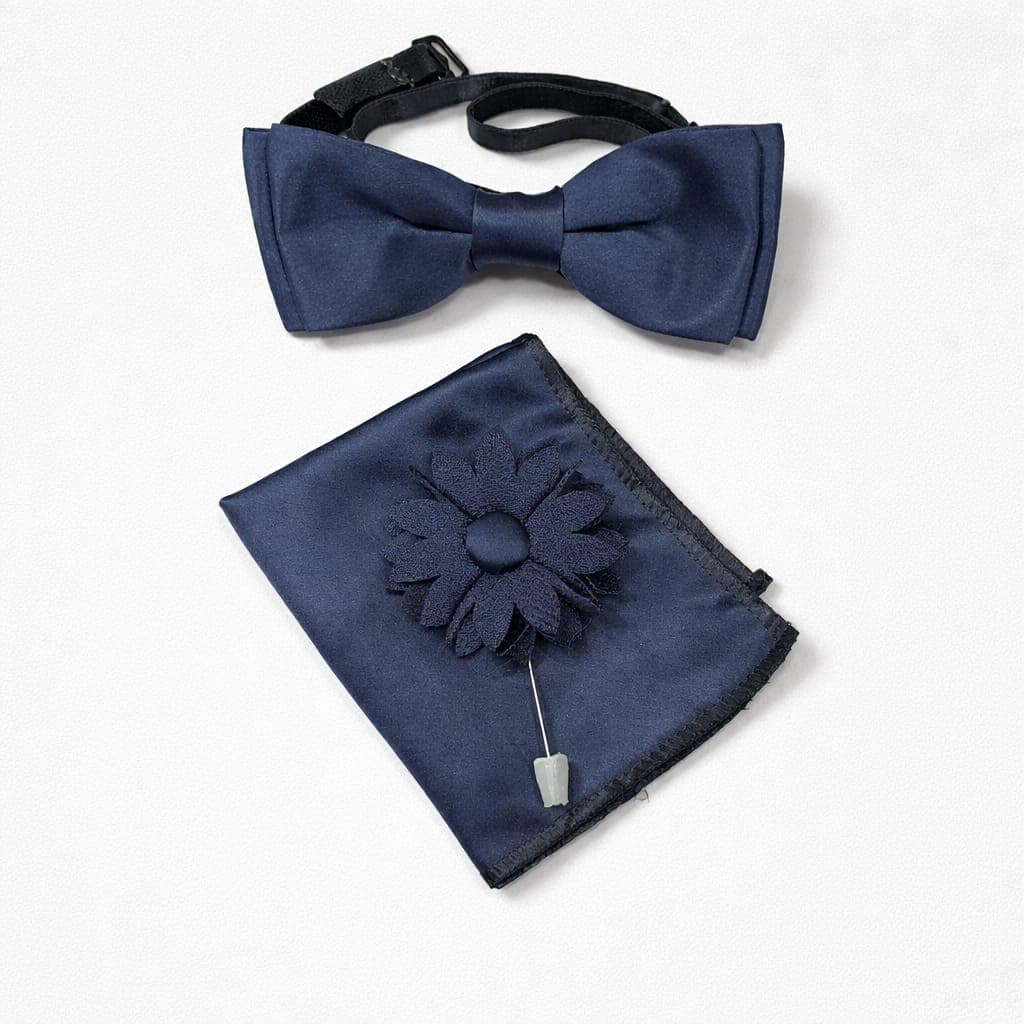 Men’s Bow Tie, Pocket Square & Lapel Flower Set – Navy Blue
