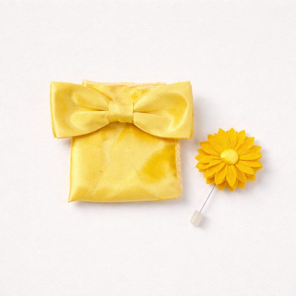 Men’s Bow Tie, Pocket Square & Lapel Flower Set – Yellow
