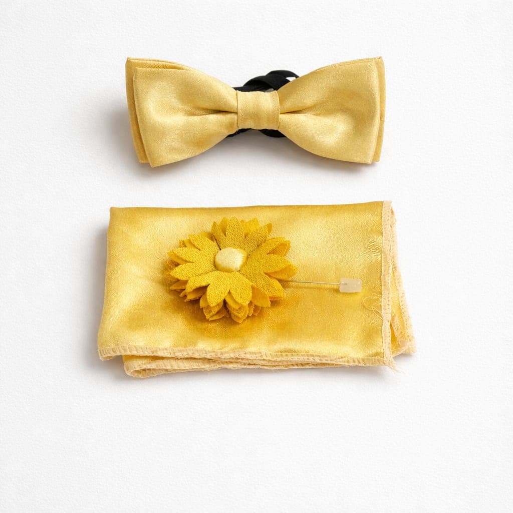 Men’s Bow Tie, Pocket Square & Lapel Flower Set – Yellow