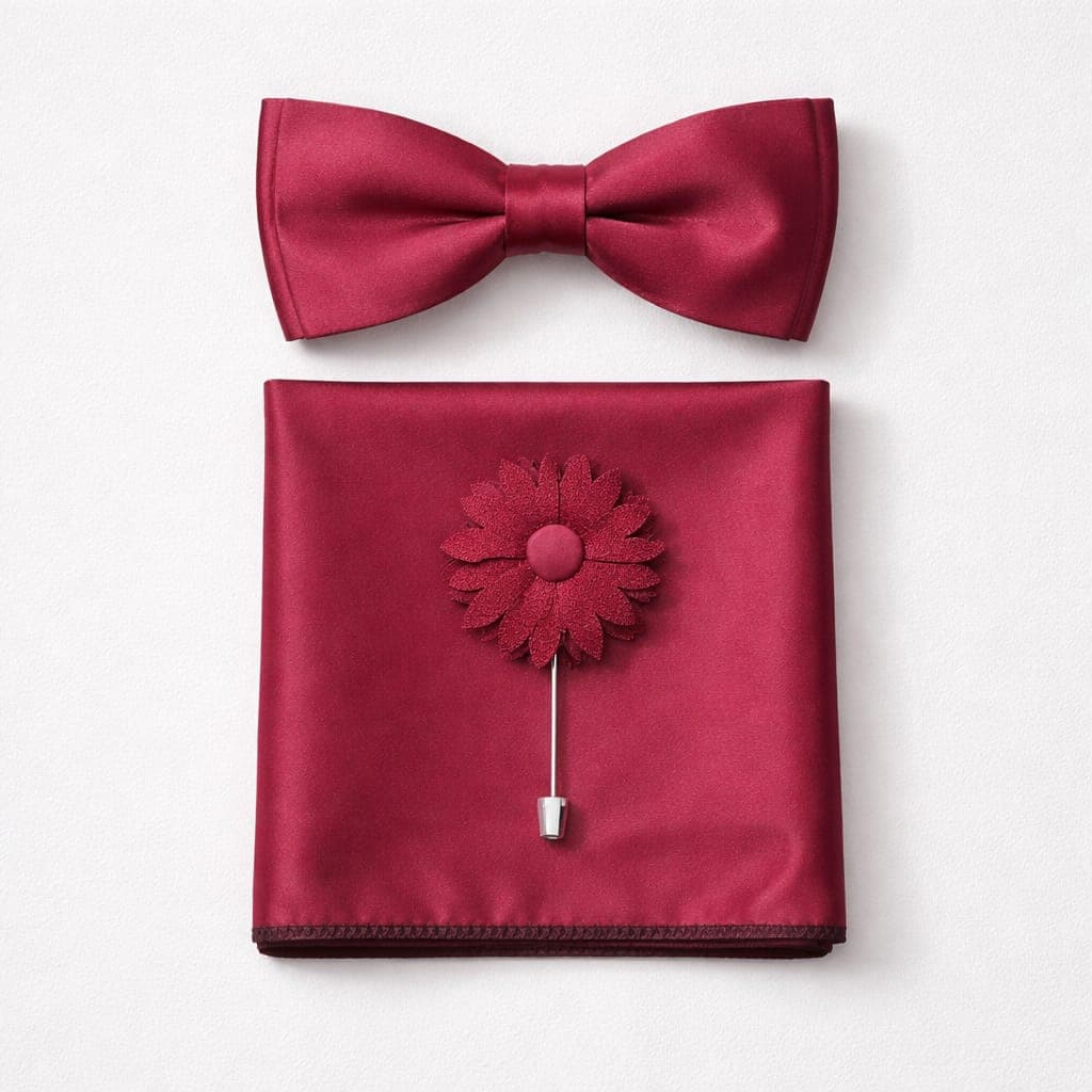 Men’s Bow Tie Set, Pocket Square & Floral Lapel Pin – Burgundy