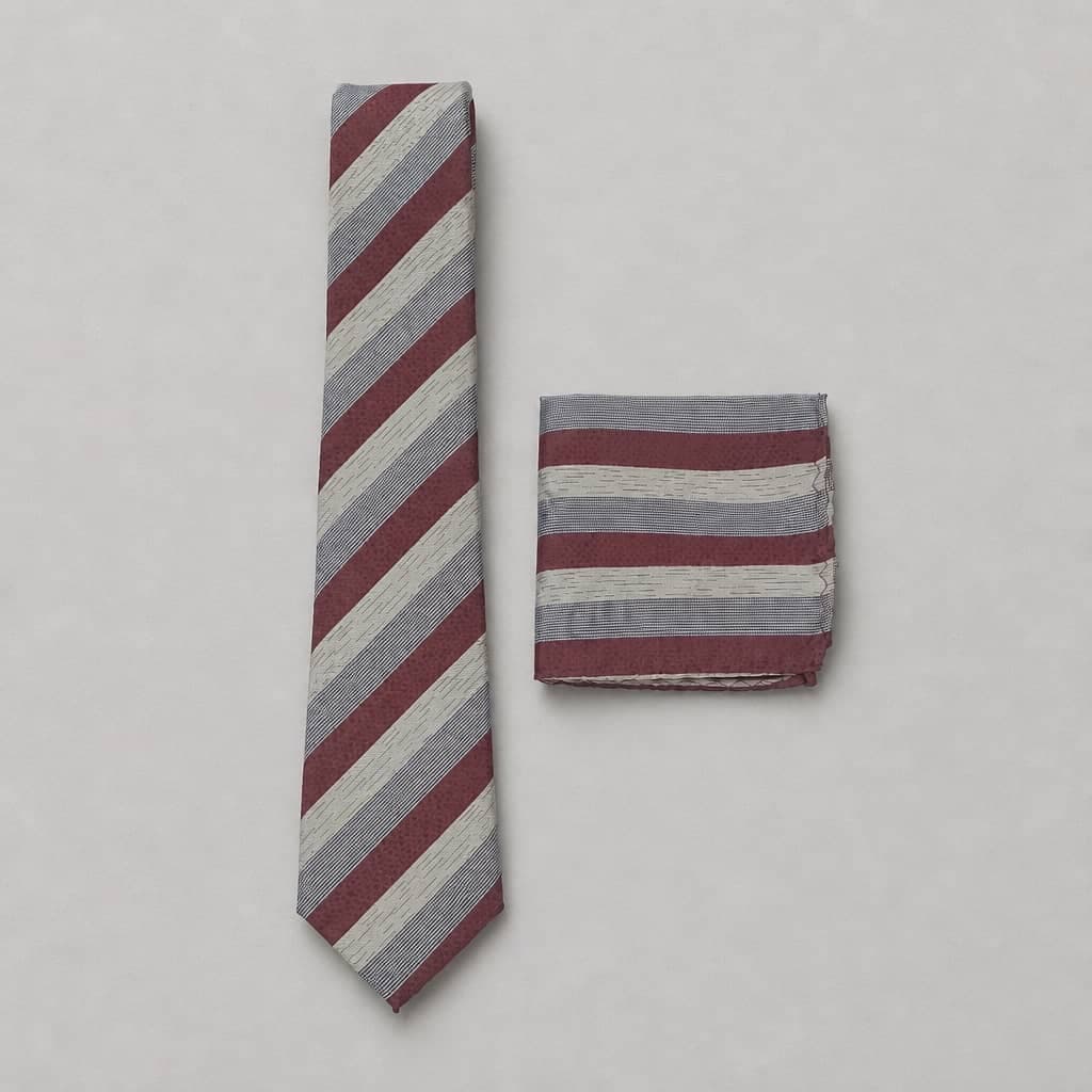 Men's Diagonal Striped Neck Tie with Matching Pocket Square – Burgundy/White/Grey