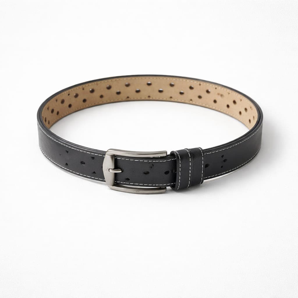 Men's Classic Perforated Double Keeper Leather Buckle Belt – Black