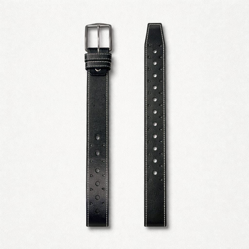Men's Classic Perforated Double Keeper Leather Buckle Belt – Black