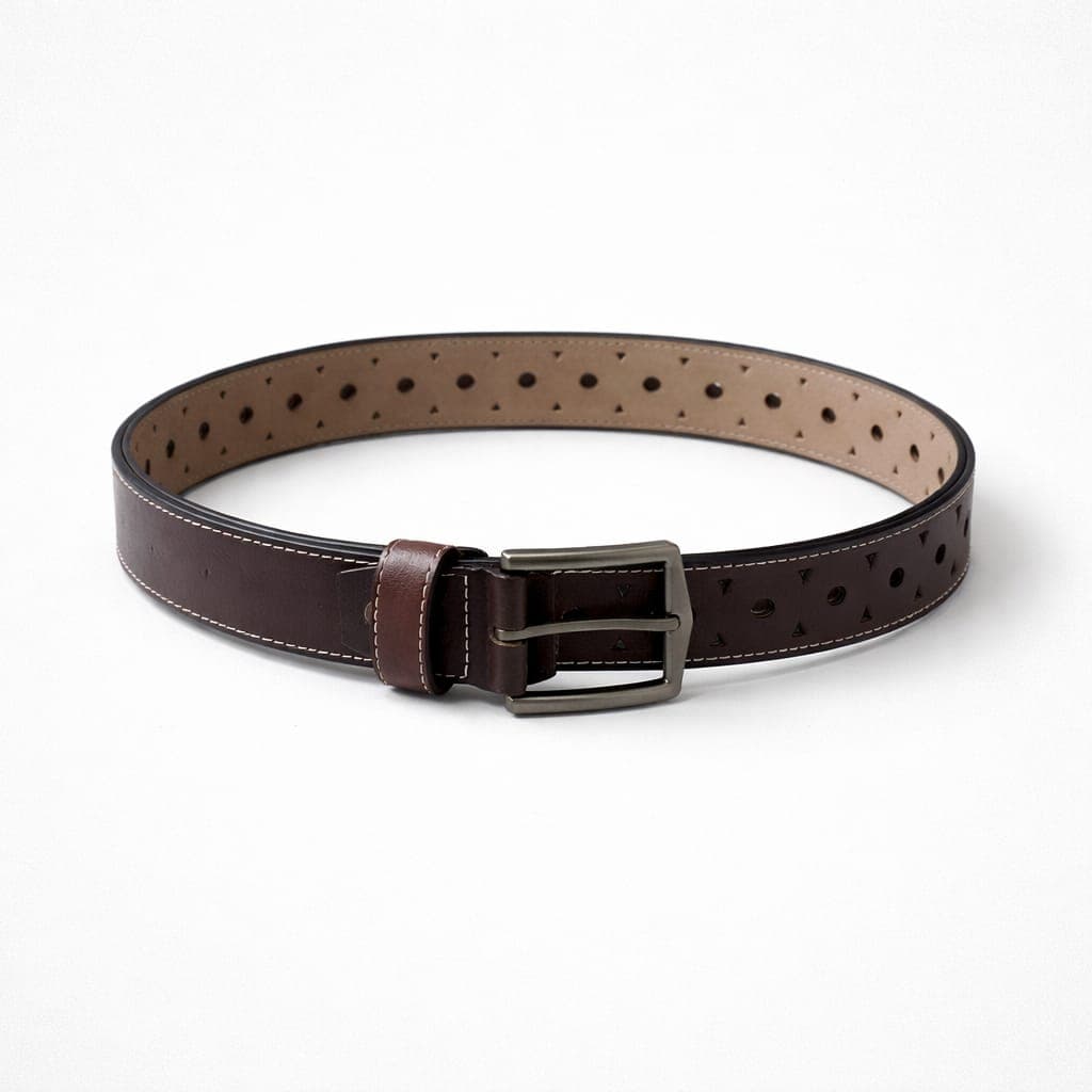 Men's Classic Perforated Double Keeper Leather Buckle Belt – Brown