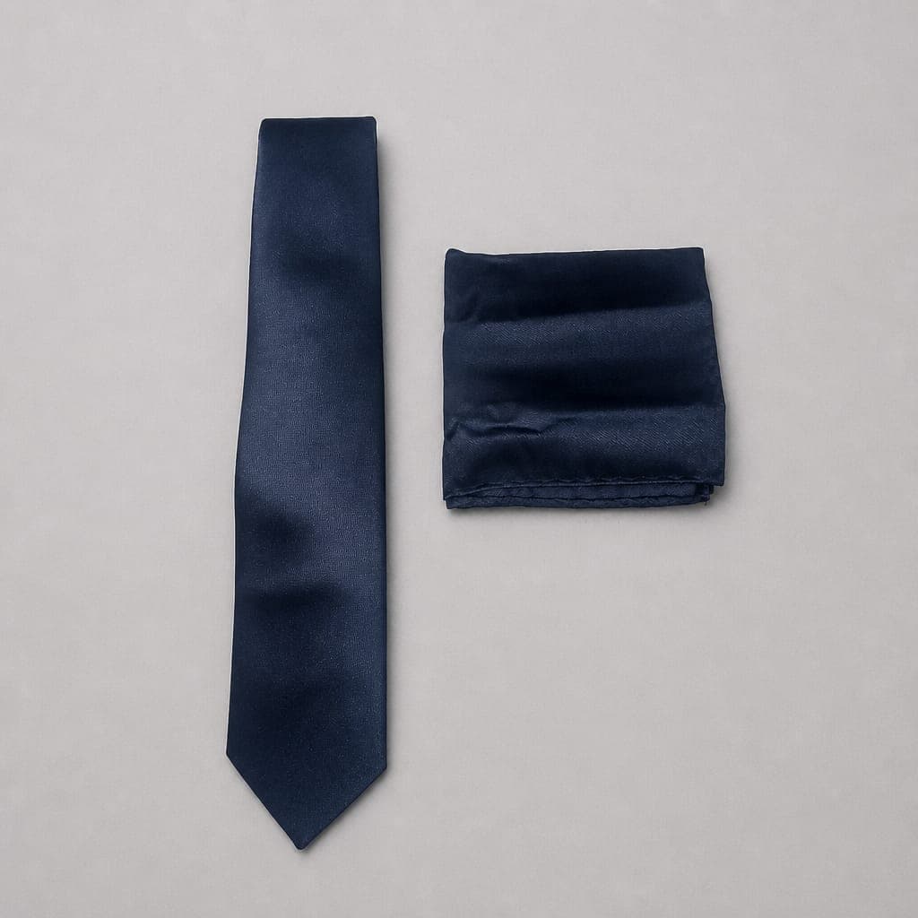Men’s Classic Solid Tie with Pocket Square – Navy Blue