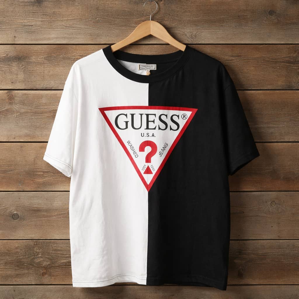 Men's Classic Split-Panel Graphic Print Crew Neck T-Shirt – White/Black