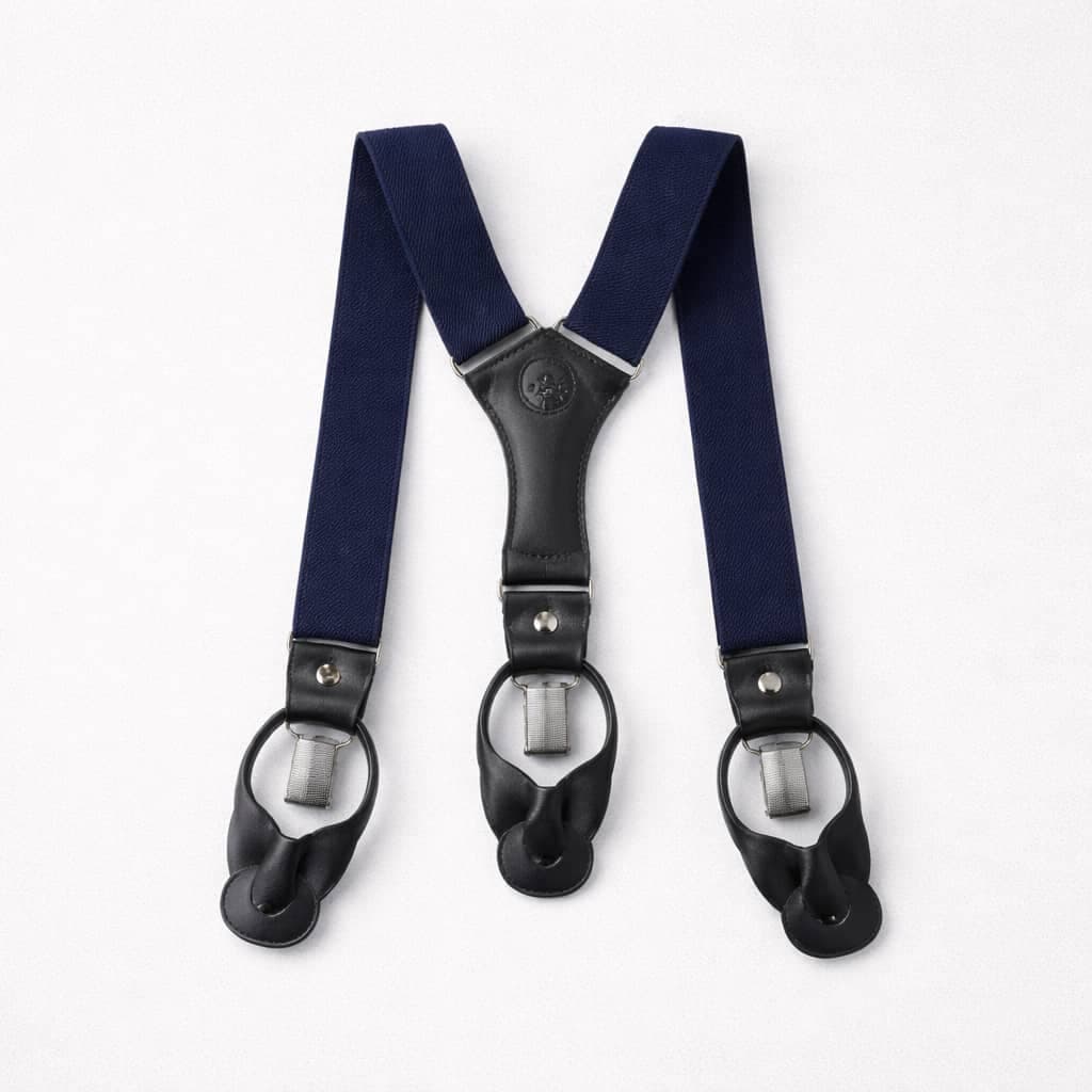 Men’s Elastic Button Leather Tabs /Ring Hardware Suspenders – Navy Blue