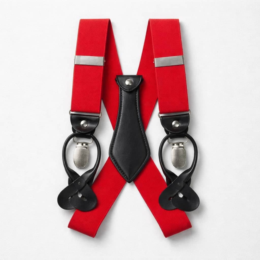 Men’s Elastic Clip-On Leather Y-Back / Metal Hardware Suspenders – Red