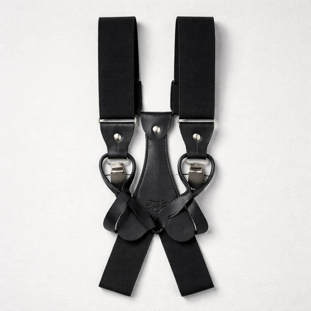 Men’s Leather Button Suspenders With Elastic Straps- Black