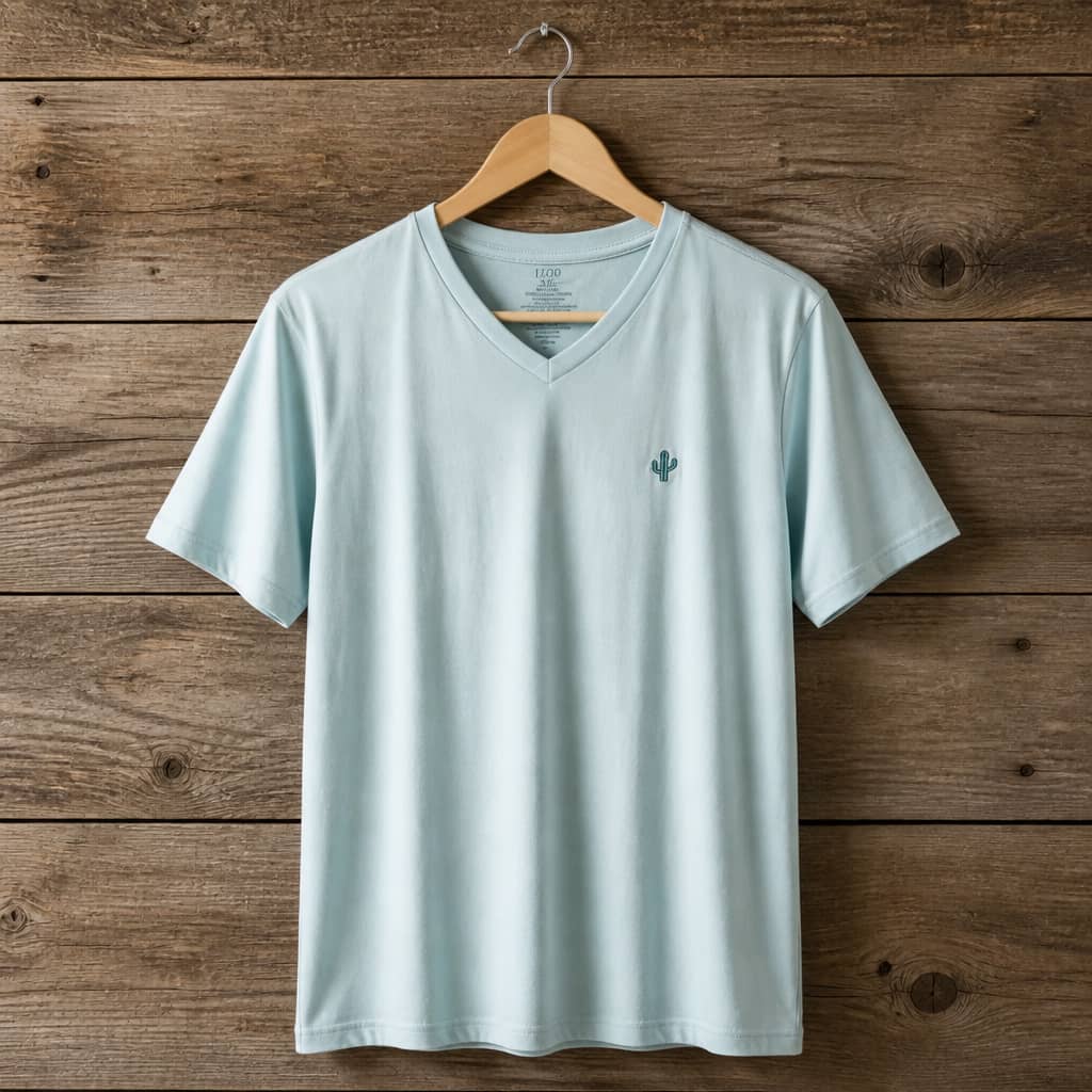 Men's Minimalist V-Neck Embroidered Logo T-Shirt – Light Blue