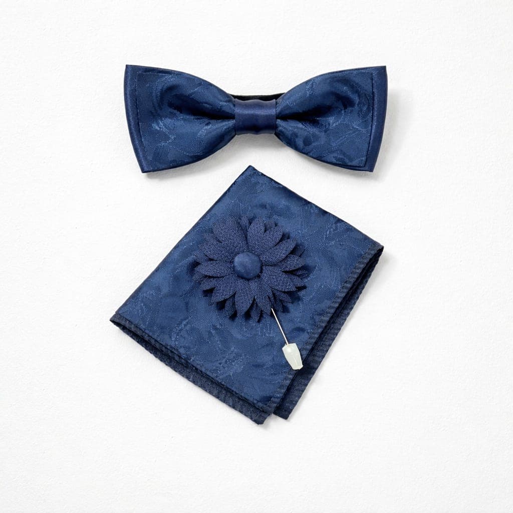 Men’s Paisley Bow Tie, Pocket Square & Lapel Flower Set – Navy Blue