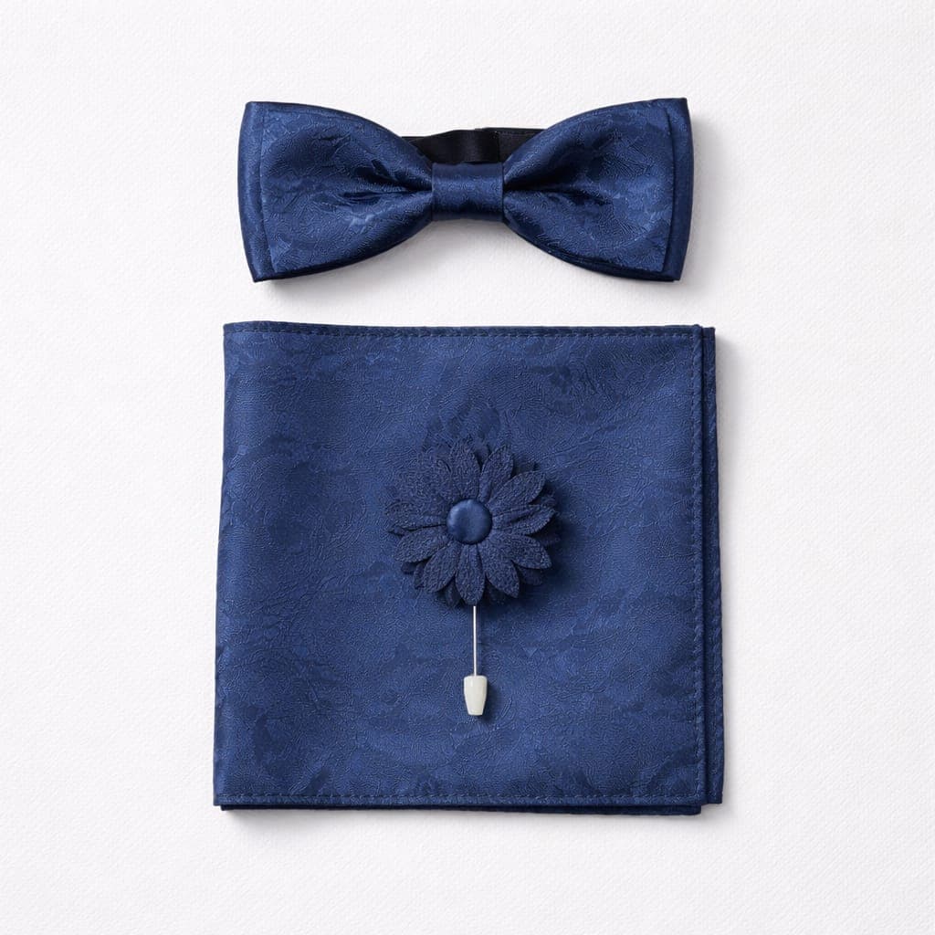 Men’s Paisley Bow Tie, Pocket Square & Lapel Flower Set – Navy Blue