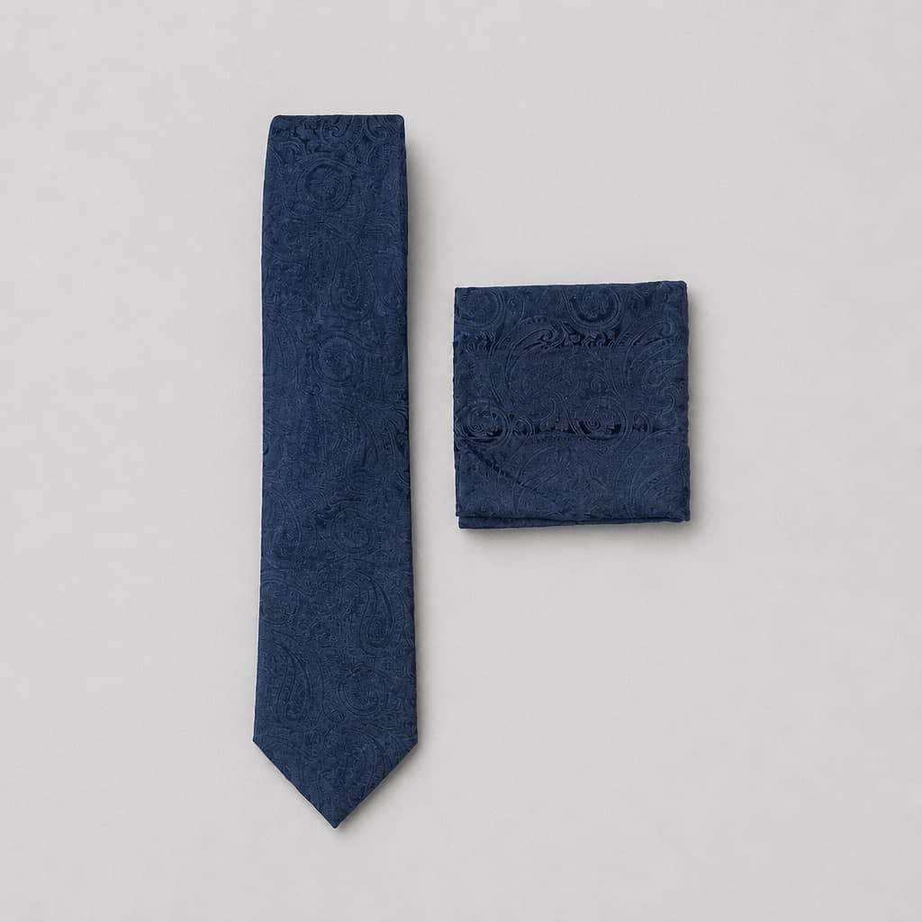 Men's Paisley Neck Tie with Matching Pocket Square – Navy Blue