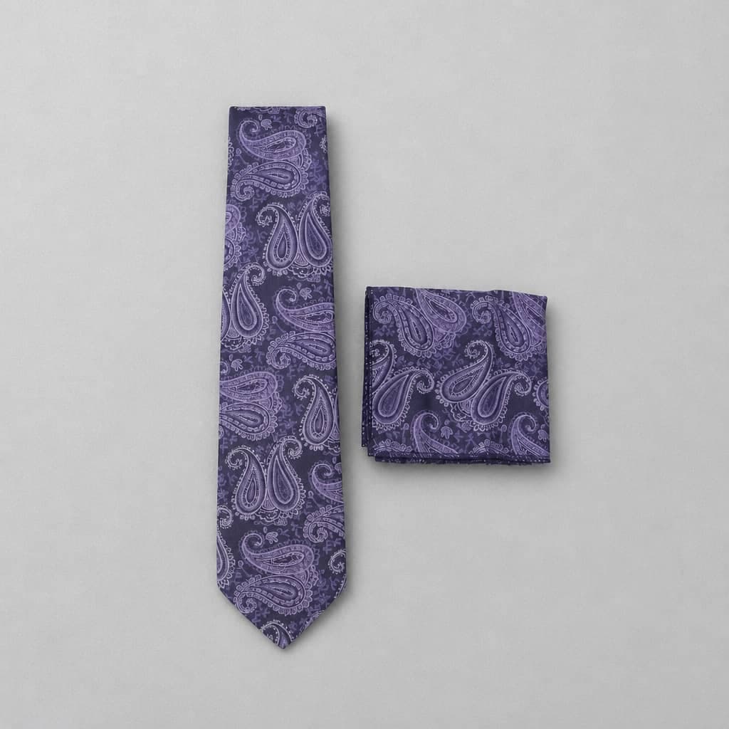 Men's Paisley Neck Tie with Matching Pocket Square – Deep Navy Blue/ Lilac Purple/Purple
