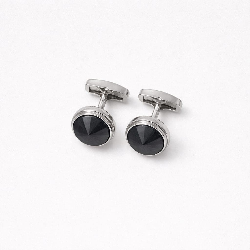 Men’s Polished Silver-Tone Round Cufflinks With Black Faceted Stone