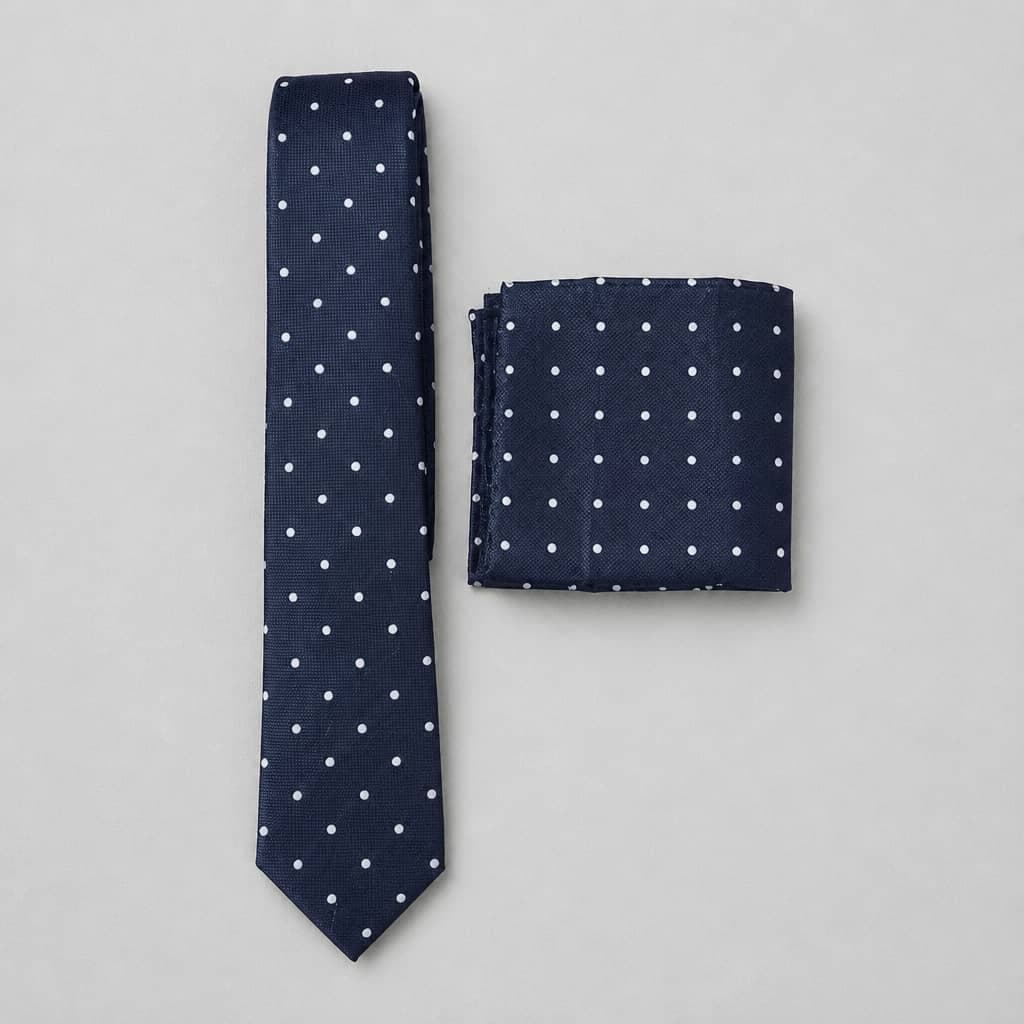 Men's Polka Dot Neck Tie with Matching Pocket Square – Navy Blue