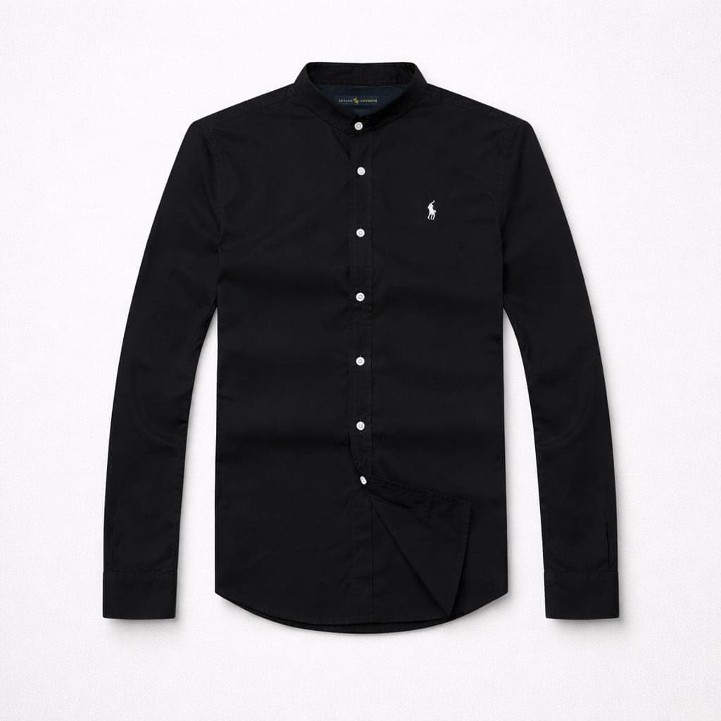 Men's Premium Mandarin Collar Oxford Long Sleeve Shirt – Black