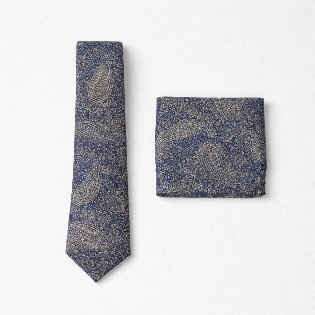Men’s Premium Paisley Tie & Pocket Square Set – Navy Blue / Bronze