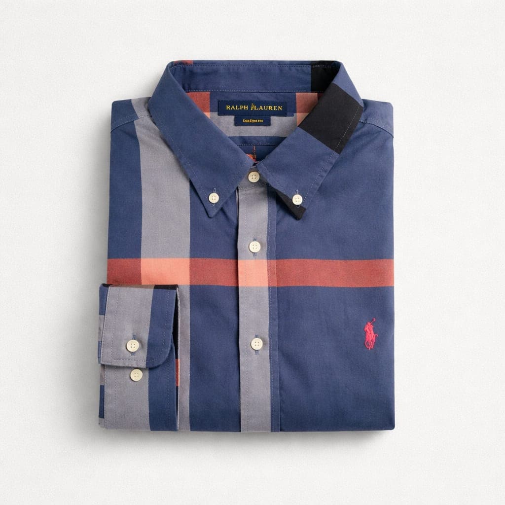 Men’s Premium Plaid Contrast Check Long Sleeve Shirt – Navy Blue