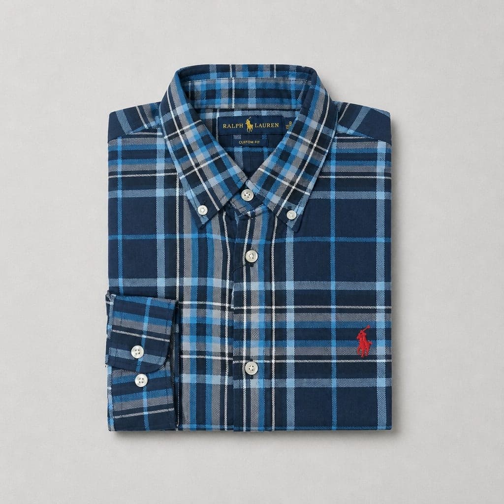 Men’s Premium Plaid Long Sleeve Shirt – Navy Blue/Light Blue/White