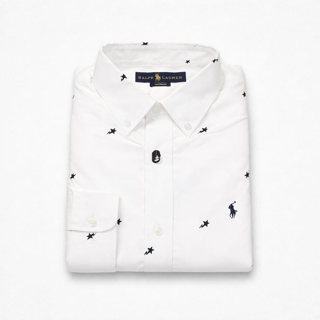 Men's Premium Printed Embroidered Oxford Long Sleeve Shirt – White