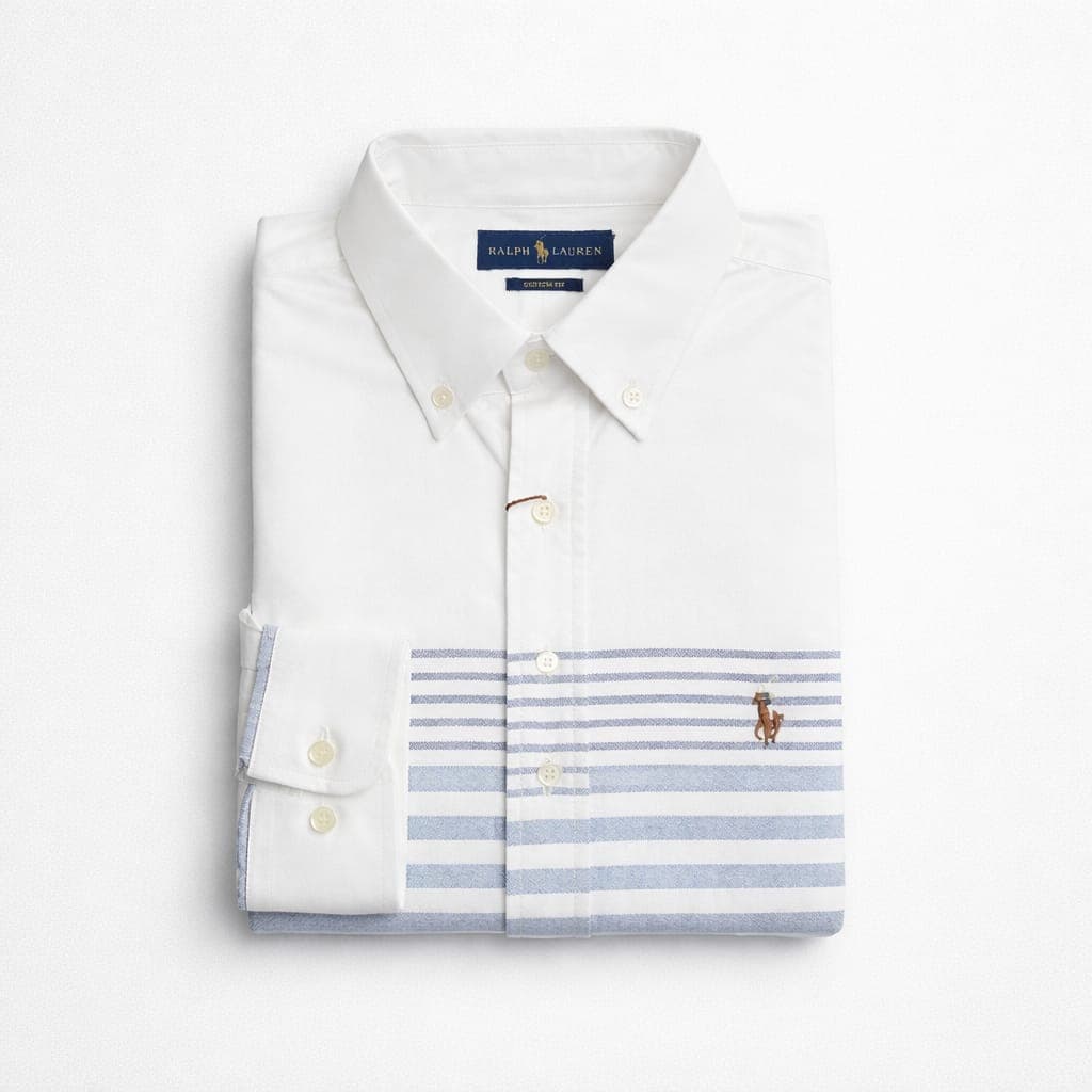 Men’s Premium Stripe Panel Long Sleeve Oxford Shirt – White/Blue/Ash