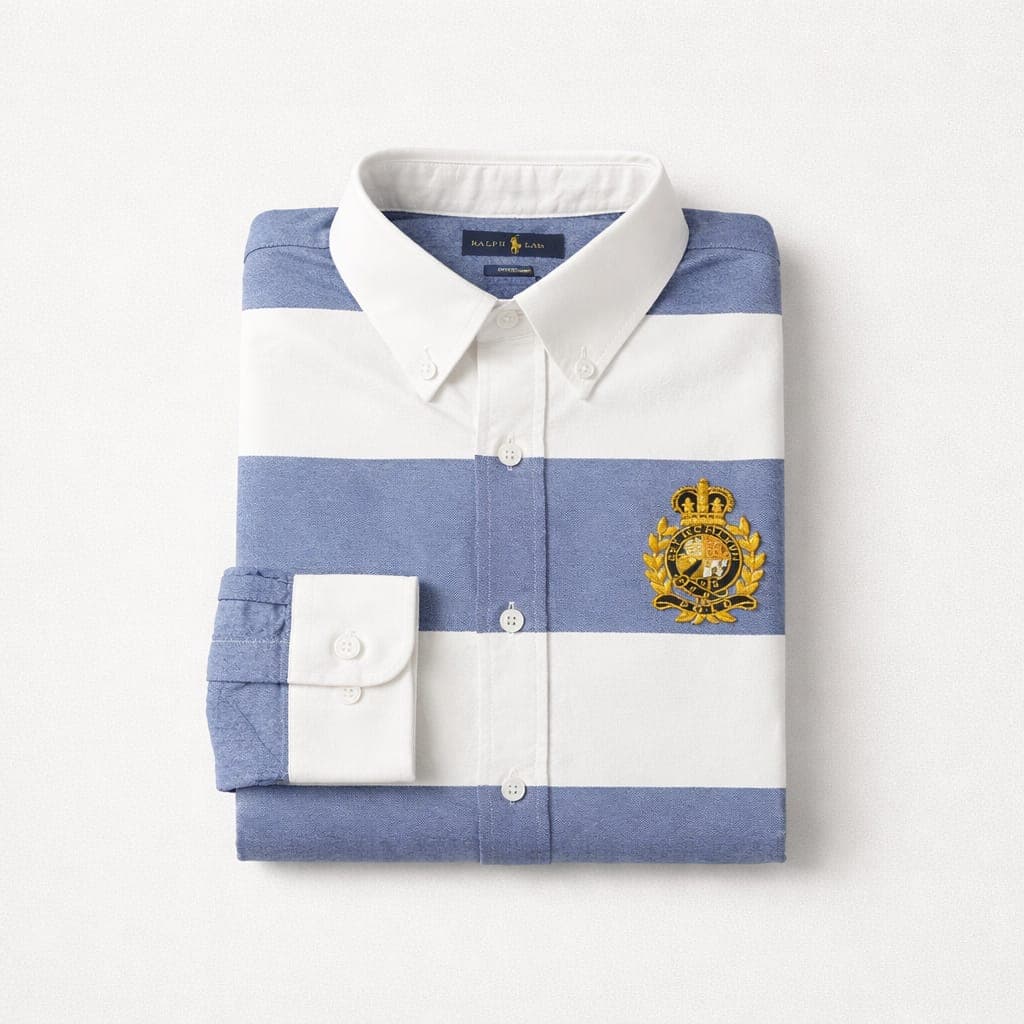 Men’s Premium Striped Crested Oxford Long Sleeve Shirt – Grey/Blue