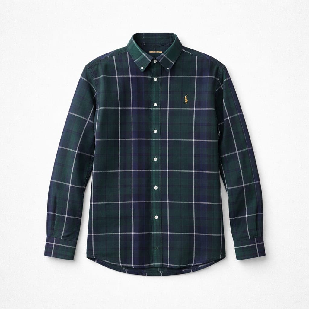 Men's Premium Tartan Plaid Embroidered Long Sleeve Shirt – Forest Green