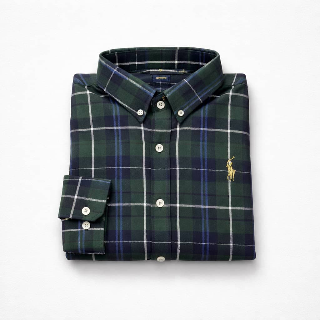 Men's Premium Tartan Plaid Embroidered Long Sleeve Shirt – Forest Green