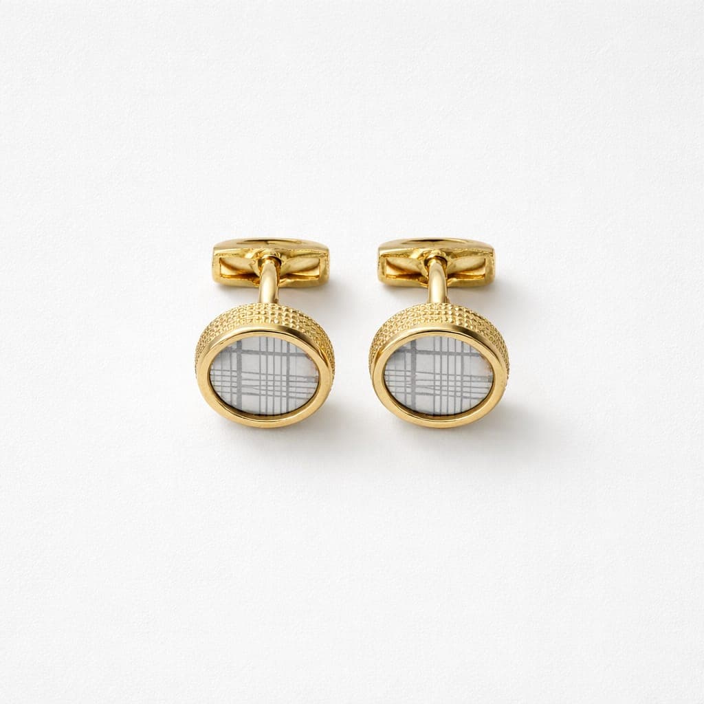 Men’s Round Cufflinks With White Geometric Pattern Inlay – Gold-Tone
