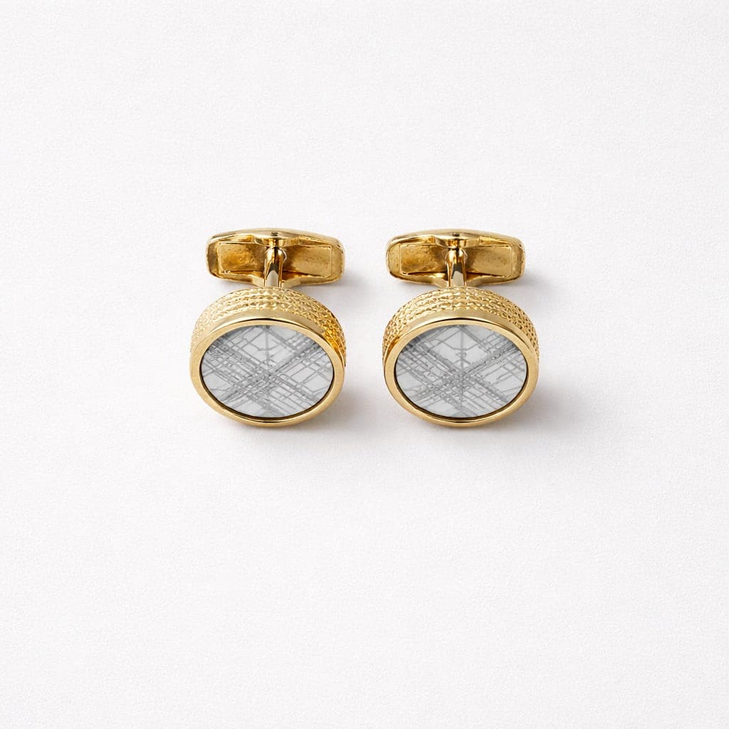 Men’s Round Cufflinks With White Geometric Pattern Inlay – Gold-Tone