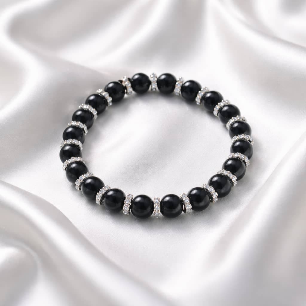 Men’s Black Beaded Bracelet With Crystal Spacers – Black/Silver