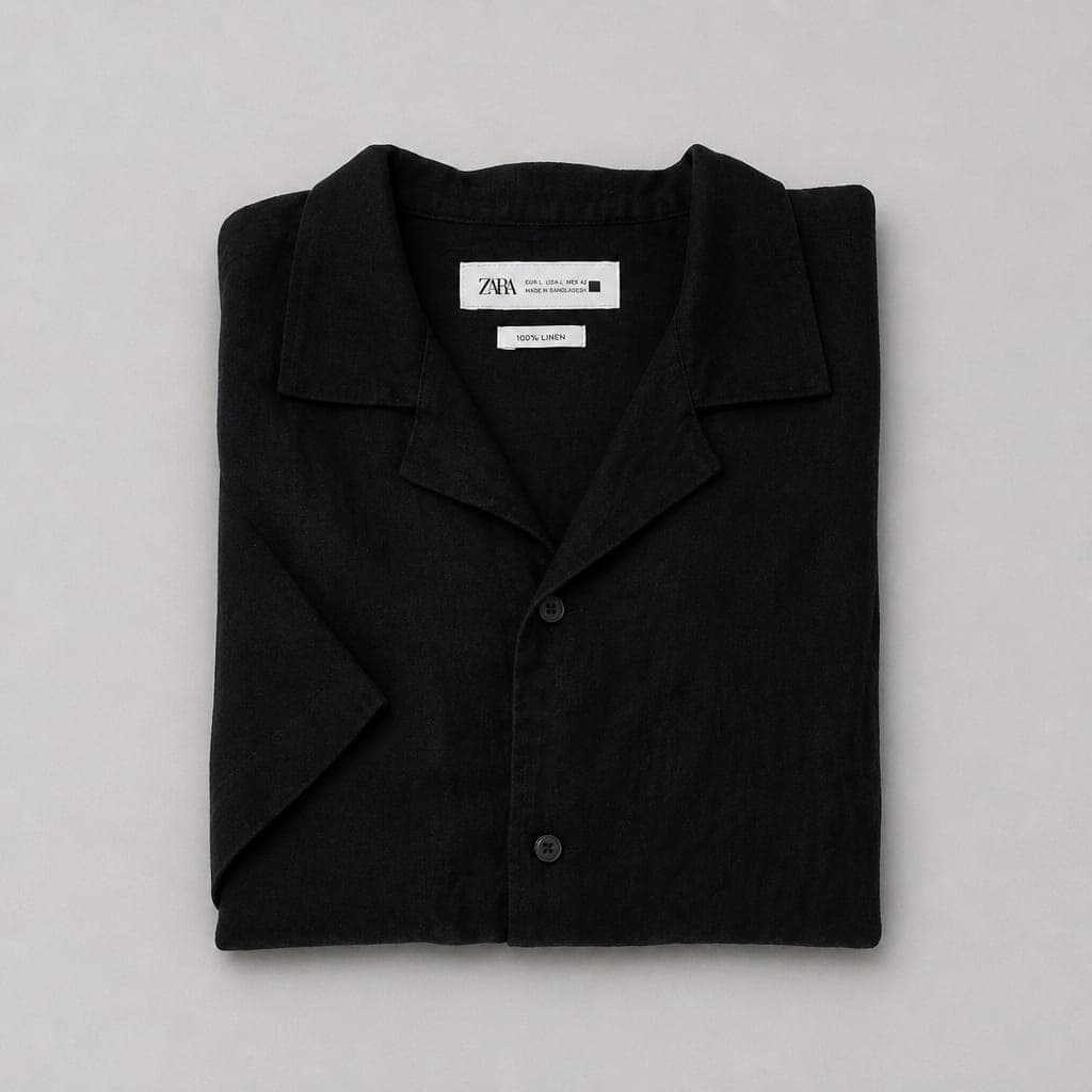 Zara Men's Black Linen Camp Collar Short Sleeve Shirt – Black