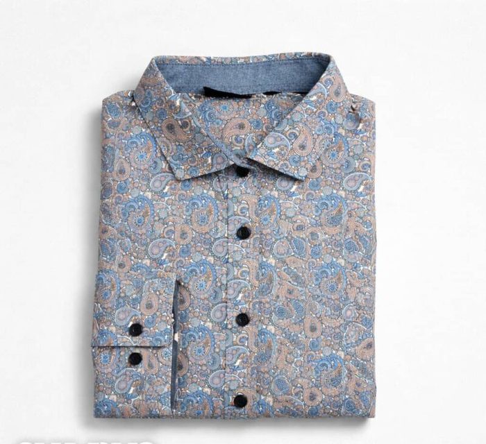Bpc Mens Multi Tonal Paisley Print Long Sleeve Dress Shirt Blue Beige