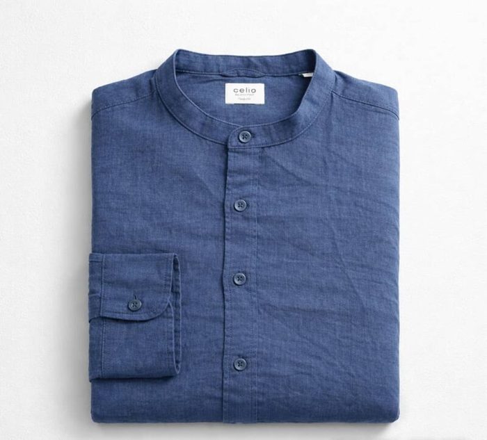 Celio Men’s Band Collar Linen Long Sleeve Shirt – Blue