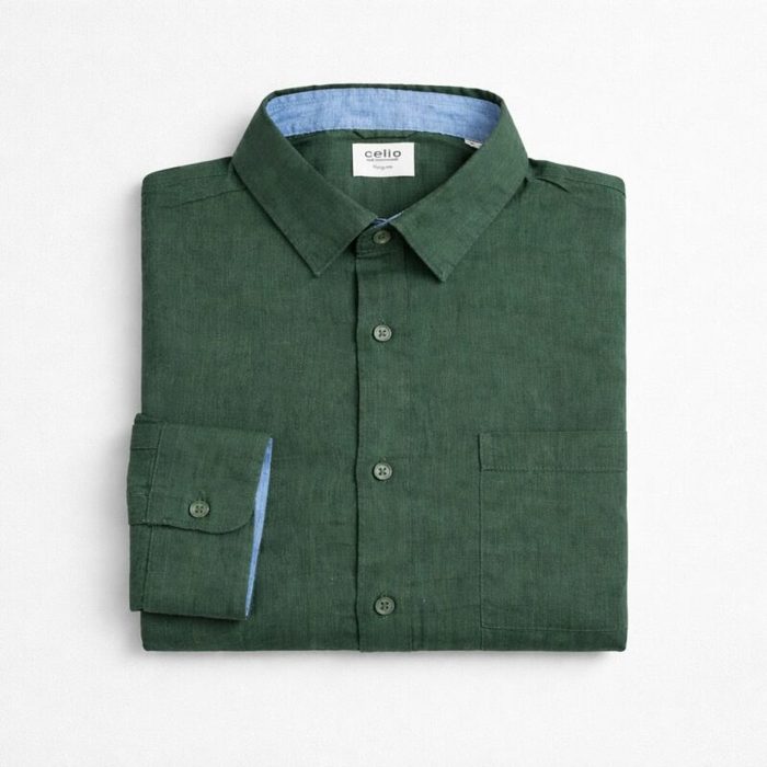 Celio Men’s Linen Contrast Long Sleeve / Roll-Up Sleeve Tab Shirt  – Dark Green — image 1