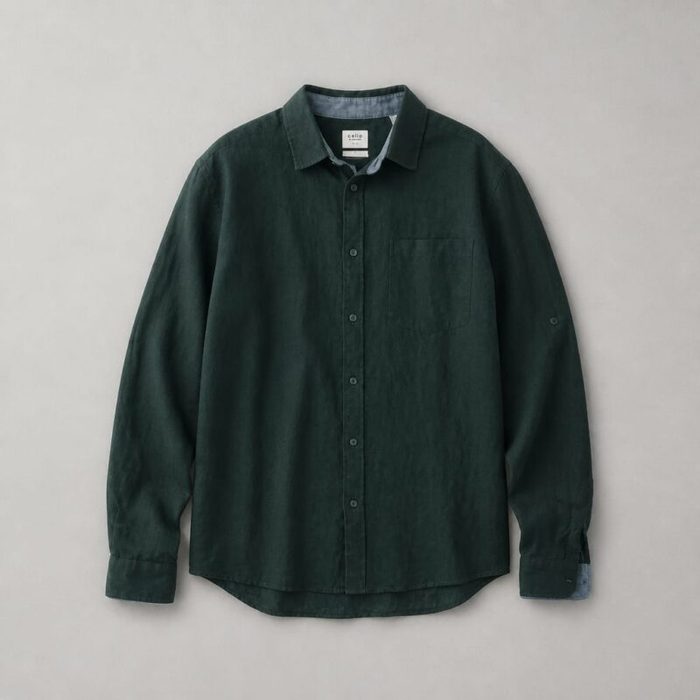Celio Men’s Linen Contrast Long Sleeve / Roll-Up Sleeve Tab Shirt  – Dark Green