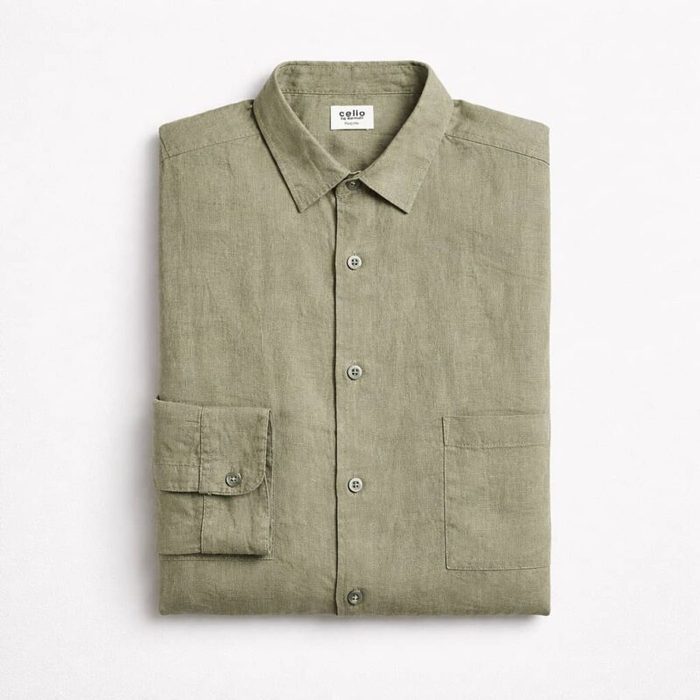 Celio Men’s Long Sleeve Linen Shirt – Pale Olive Green